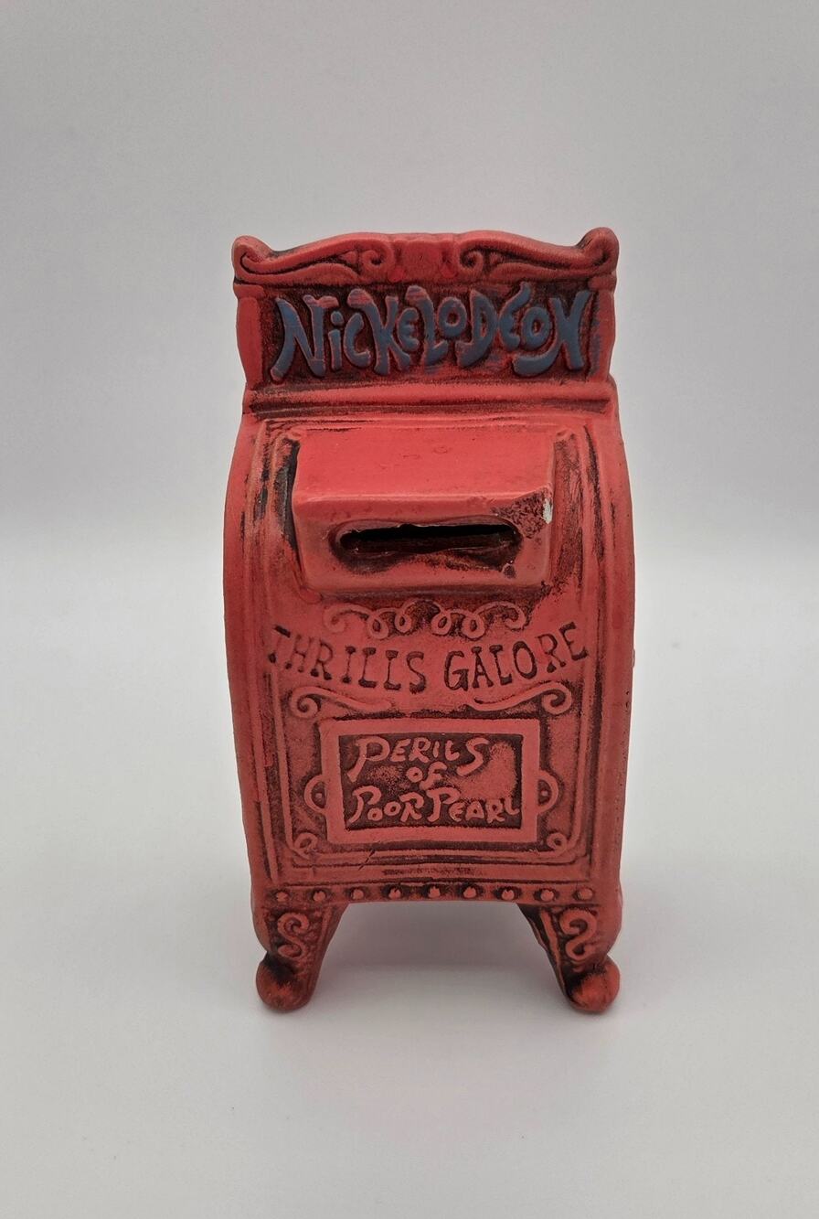 Vintage Nickelodeon Coin Bank Thrills Galore Perils of Poor Pearl Mutoscope Red